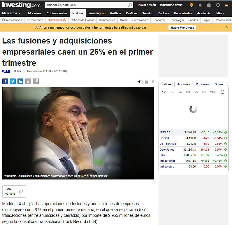 Las fusiones y adquisiciones empresariales caen un 26% en el primer trimestre